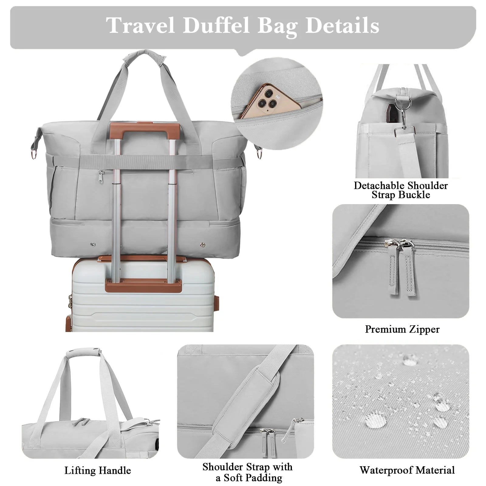 Travel Duffel Bag for Women Gym Bag with USB Charging Port Large Weekender Overnight Bag Yoga Duffle Bags with Wet Pocket and Shoes Compartment, Gray