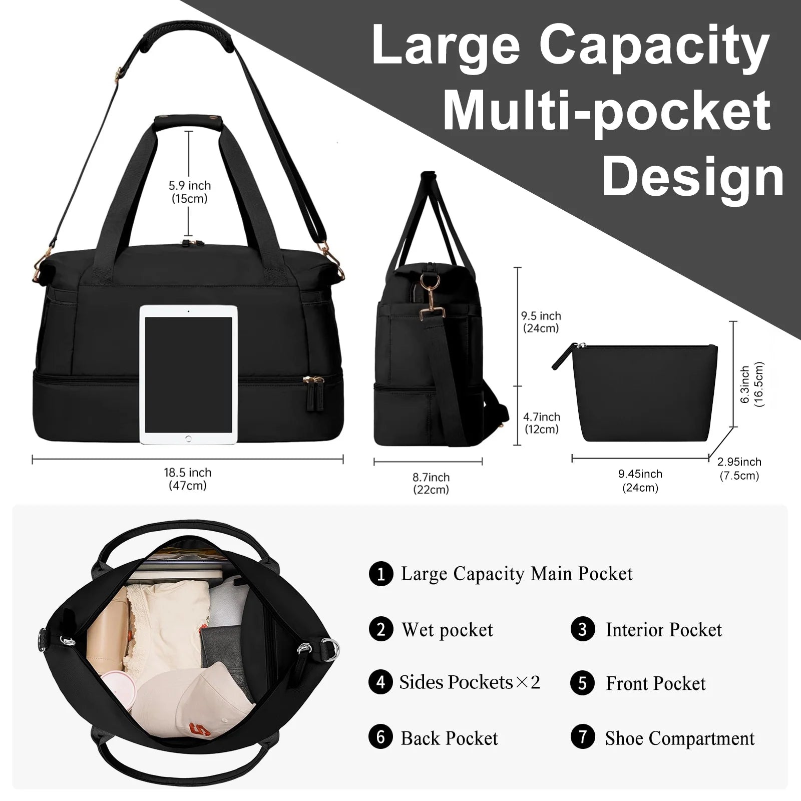 Travel Duffel Bag for Women Gym Bag with USB Charging Port Large Weekender Overnight Bag Yoga Duffle Bags with Wet Pocket and Shoes Compartment, Black
