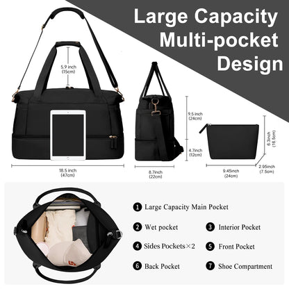 Travel Duffel Bag for Women Gym Bag with USB Charging Port Large Weekender Overnight Bag Yoga Duffle Bags with Wet Pocket and Shoes Compartment, Black